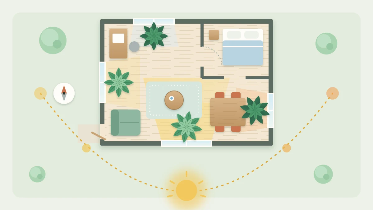 A house floor plan seen from above with a potted plant by a window on each of the four sides and the sun arcing over one side