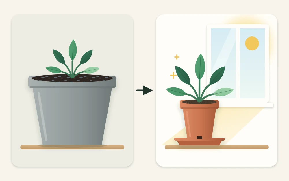 A small plant lost in a huge pot with no saucer, beside the same plant in a snug pot with a saucer near a bright window