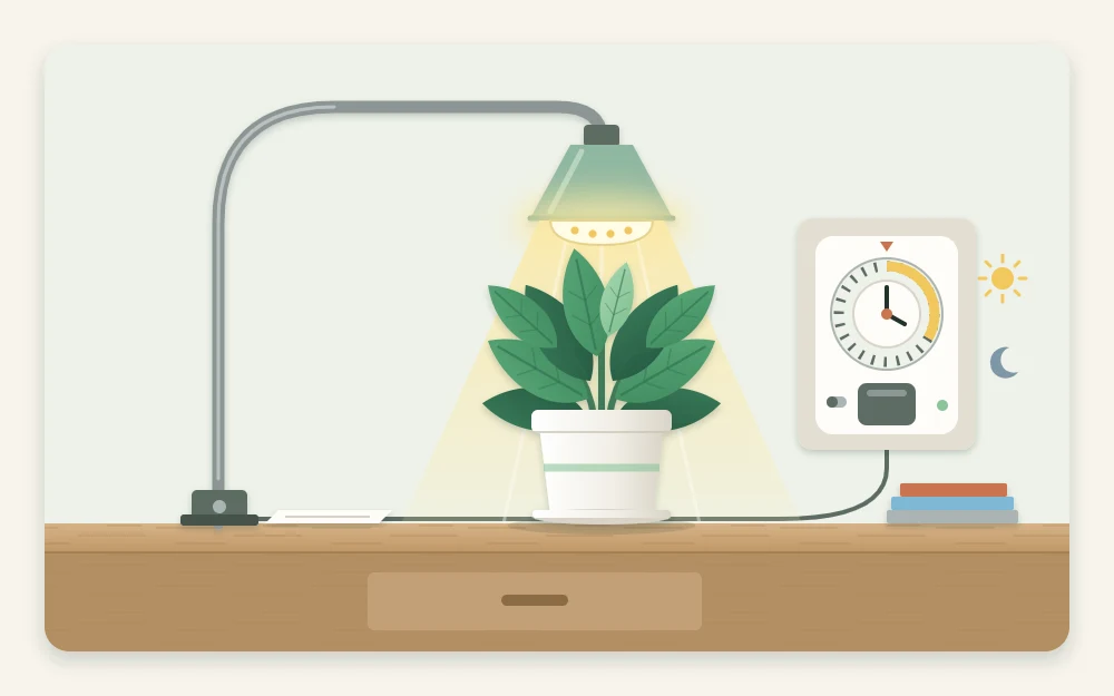 A desk-style clamp lamp with an LED bulb aimed down at a potted plant, with a plug-in timer in the wall socket