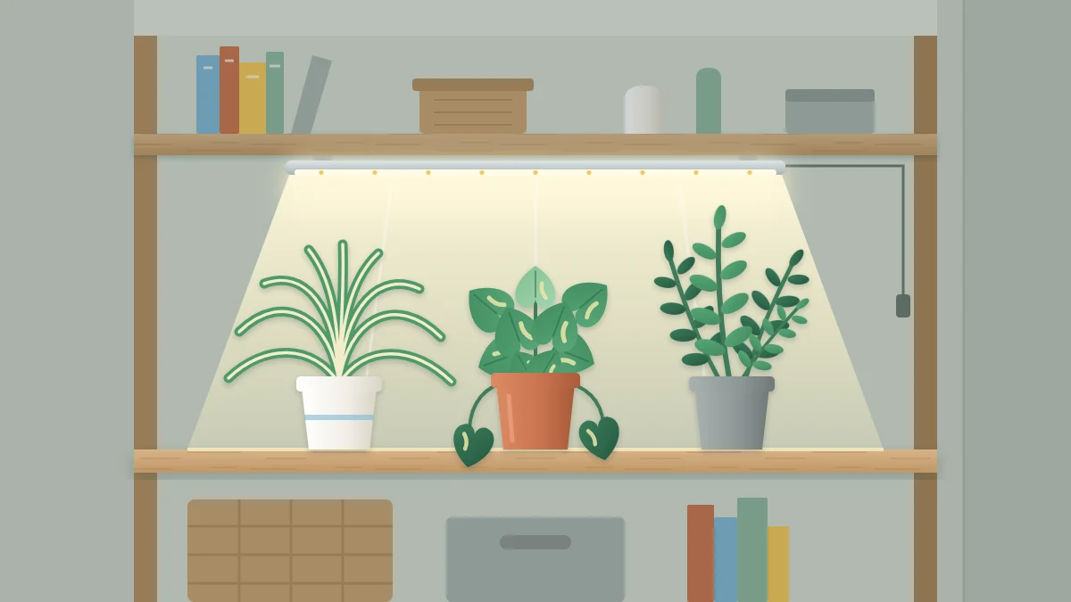 Three small houseplants on a shelf in a dim corner lit by a slim LED light bar mounted under the shelf above