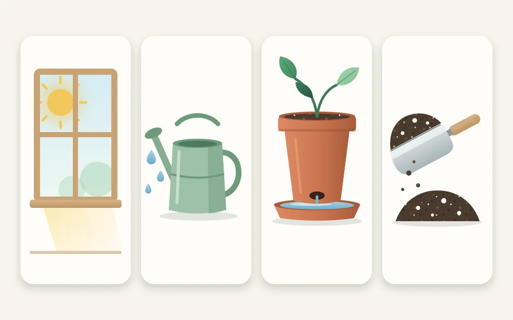 Four tiles in a row showing sun through a window, a watering can, a pot with a drainage hole and saucer, and a scoop of potting mix