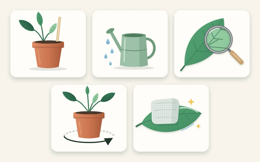 Five tiles showing a skewer in a pot, a watering can, a leaf under a magnifying glass, a pot with a turn arrow and a cloth wiping a leaf