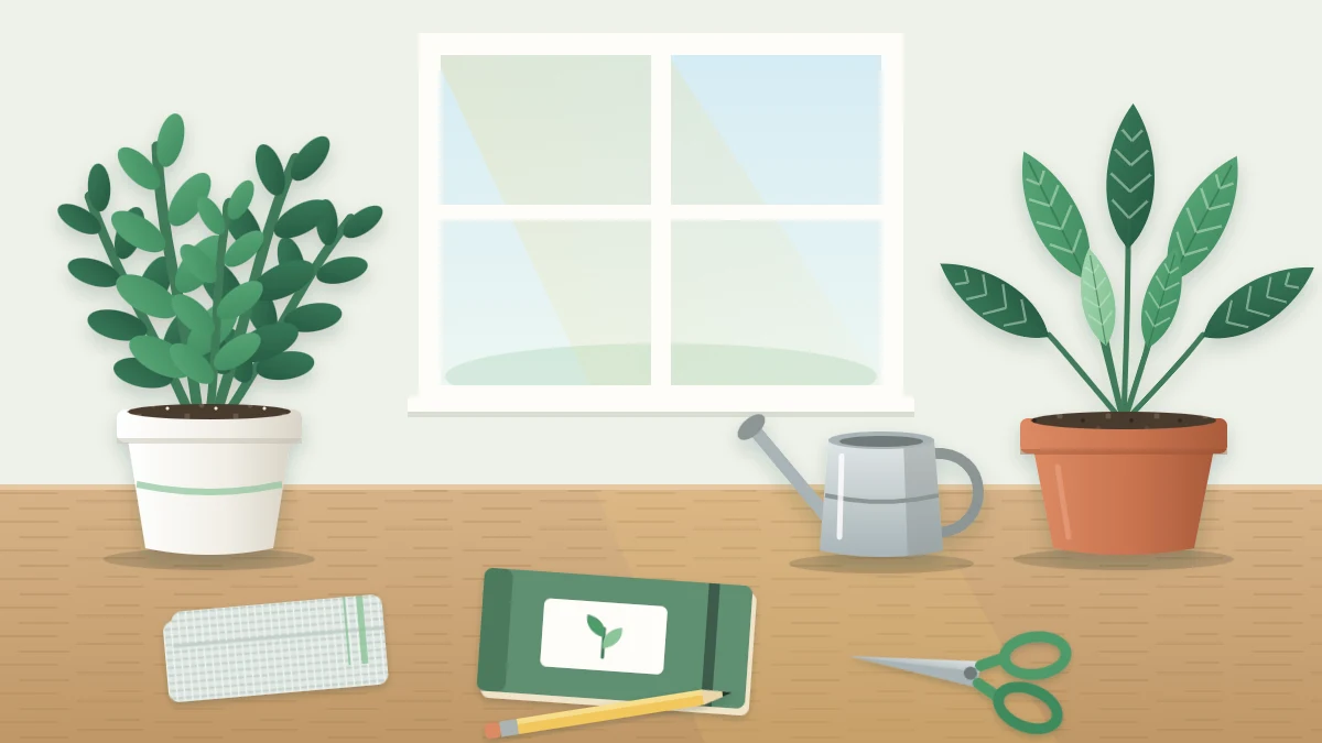 A watering can, soft cloth, small scissors and a closed notebook with a pencil on a table beside two potted plants