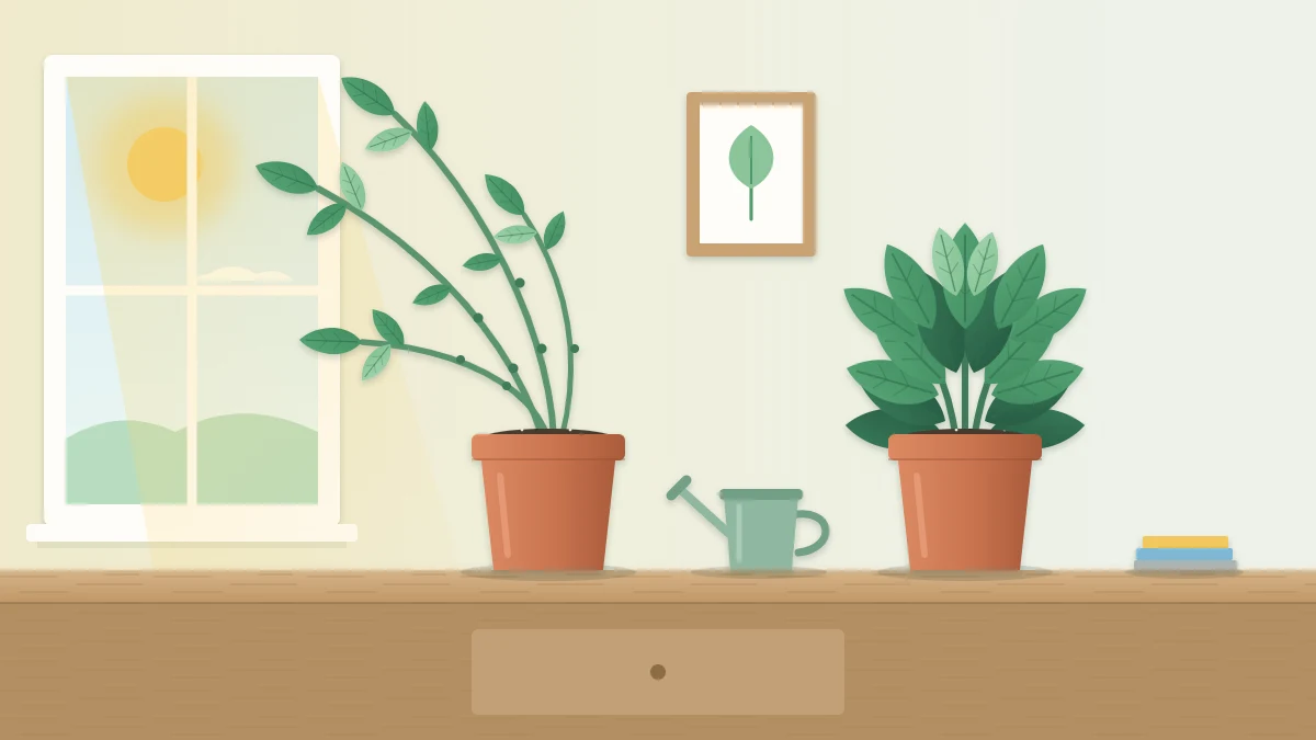 A stretched houseplant with long bare stems leaning toward a window beside a compact, evenly leafy plant of the same kind