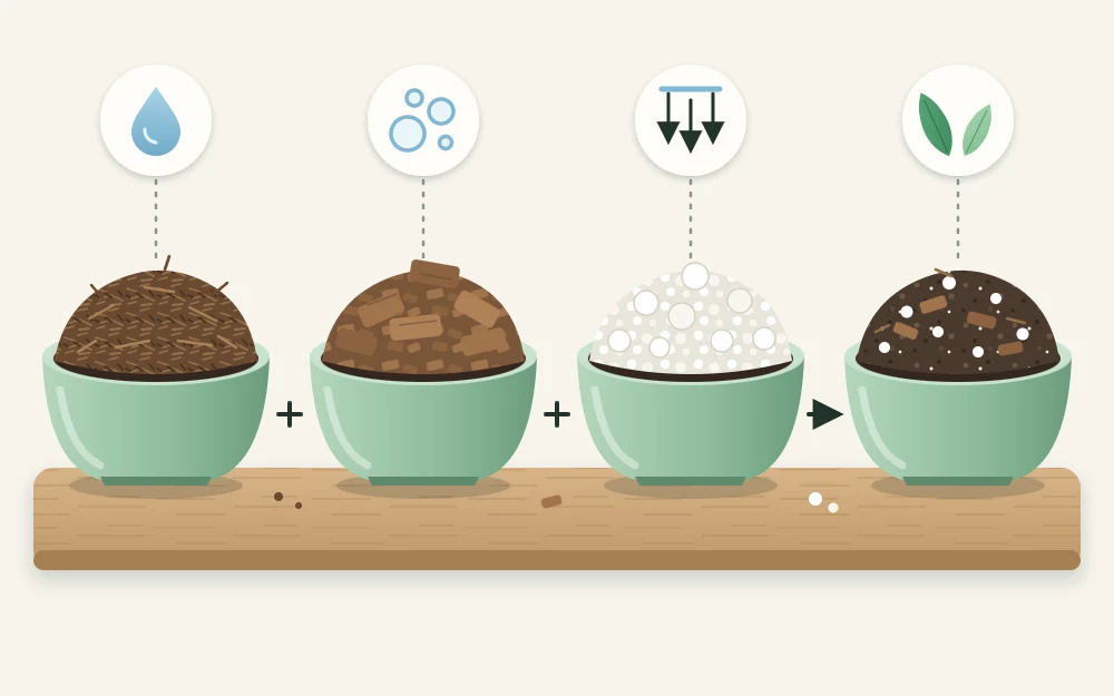 Four small round bowls in a row holding dark fibrous peat or coir, chunky bark pieces, white perlite and a blended mix