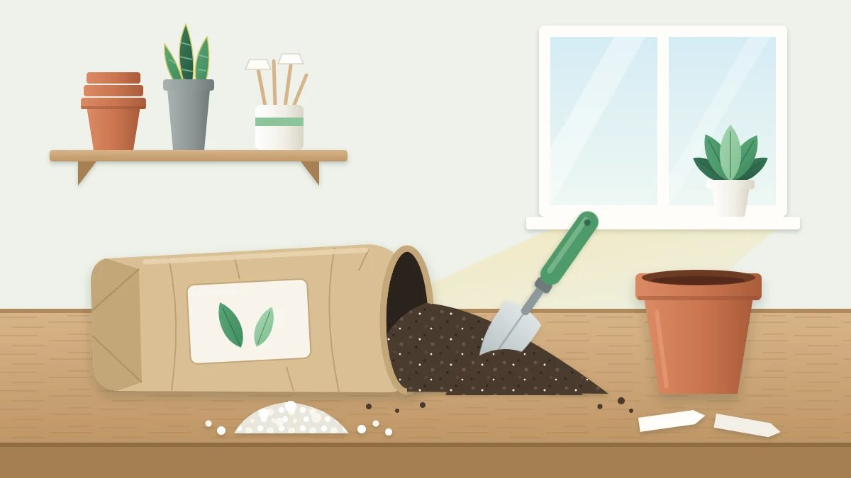 An open paper bag of dark potting mix on a bench with a trowel, an empty terracotta pot and a small pile of white perlite