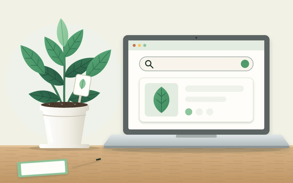 A potted plant with a blank label stick beside an open laptop showing a plain search bar and a result card
