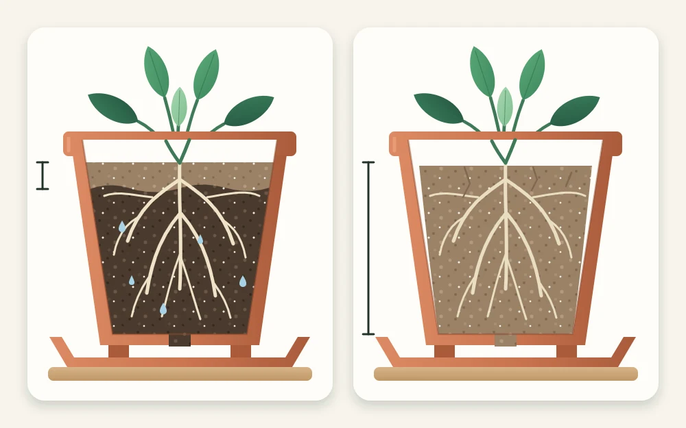 Cutaway of two identical pots, one with only a thin dry top layer over moist mix and one with mix dry all the way down