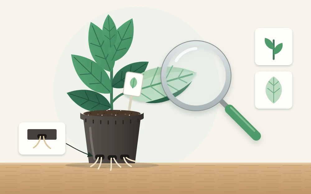 A small plant in a nursery pot being inspected with a magnifying glass, one leaf turned to show its underside
