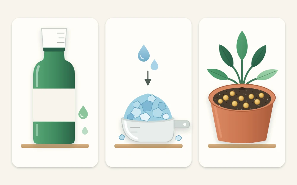 Three tiles showing a plain bottle of liquid fertilizer, a scoop of soluble crystals and round slow-release granules on the soil of a pot