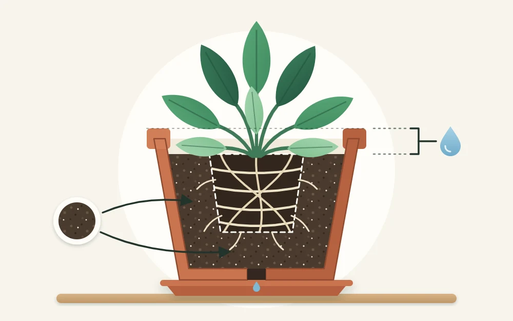 Cutaway of a newly repotted plant with the old root ball centered, fresh mix around and beneath it, and a gap below the rim