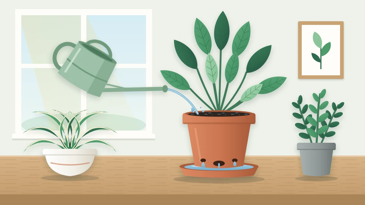 A long-spout watering can pouring a thin stream of water onto the soil of a leafy houseplant in a terracotta pot on a saucer
