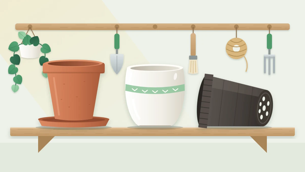 Three empty pots on a wooden shelf: unglazed terracotta on a saucer, glazed white ceramic, and a plastic nursery pot tilted to show its drainage holes