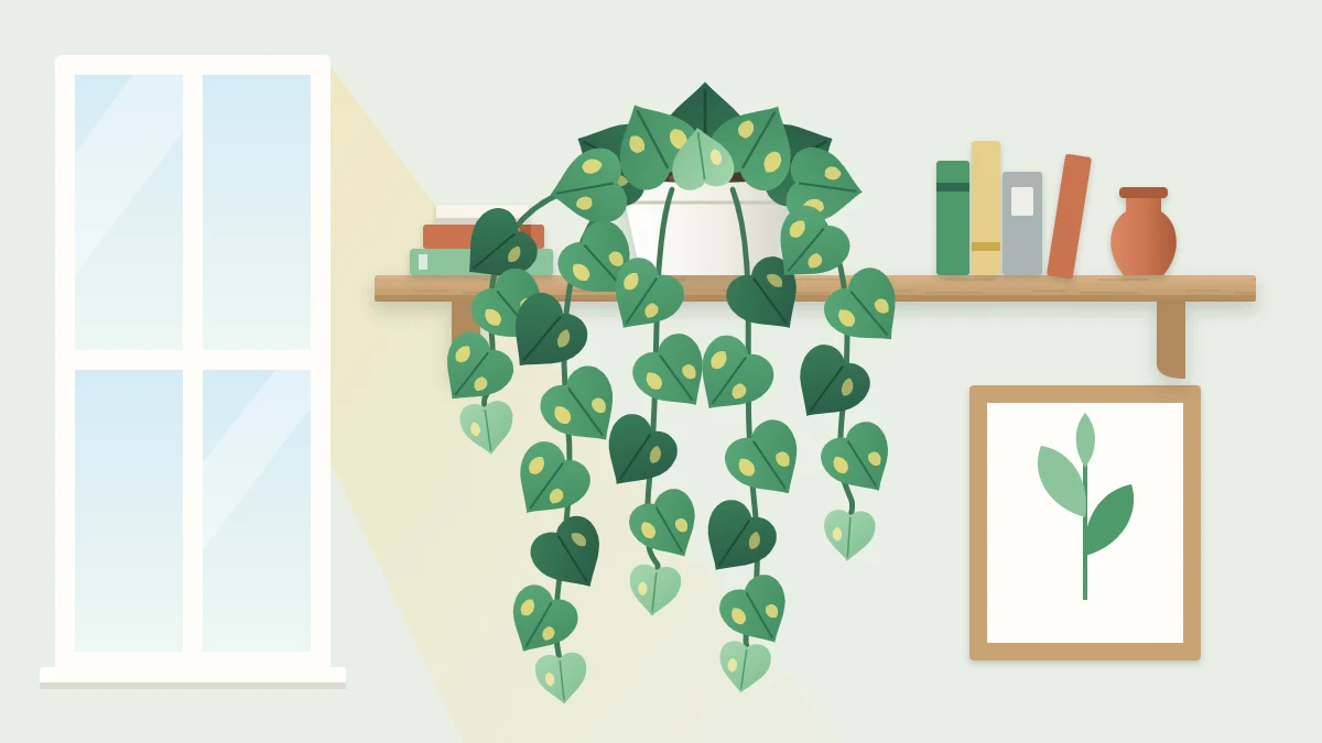A pothos with heart-shaped green leaves splashed with yellow trailing from a white pot on a high shelf