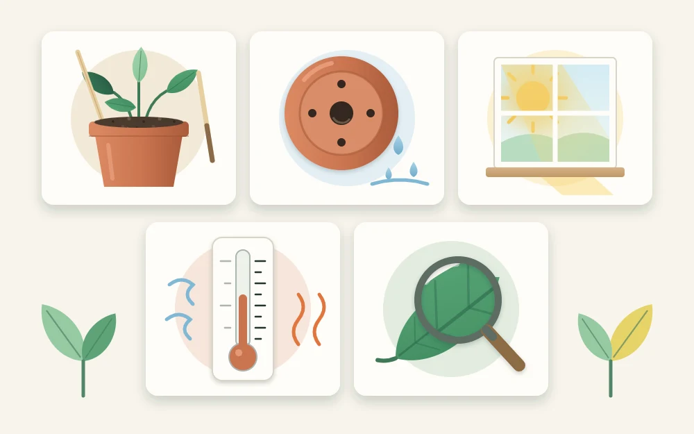 Five tiles in a row: a pot with a moisture skewer, a drainage hole, a sunny window, a thermometer and a magnifying glass over a leaf