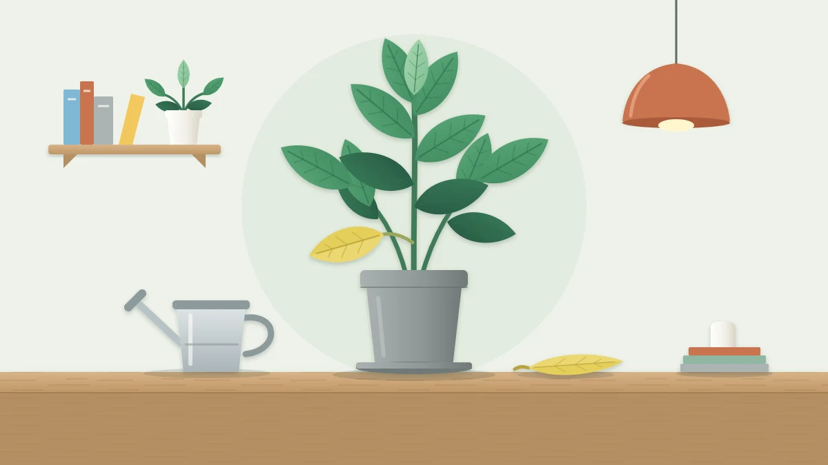 A leafy potted houseplant with mostly green leaves and two yellow leaves low on the stem, one fallen onto the table